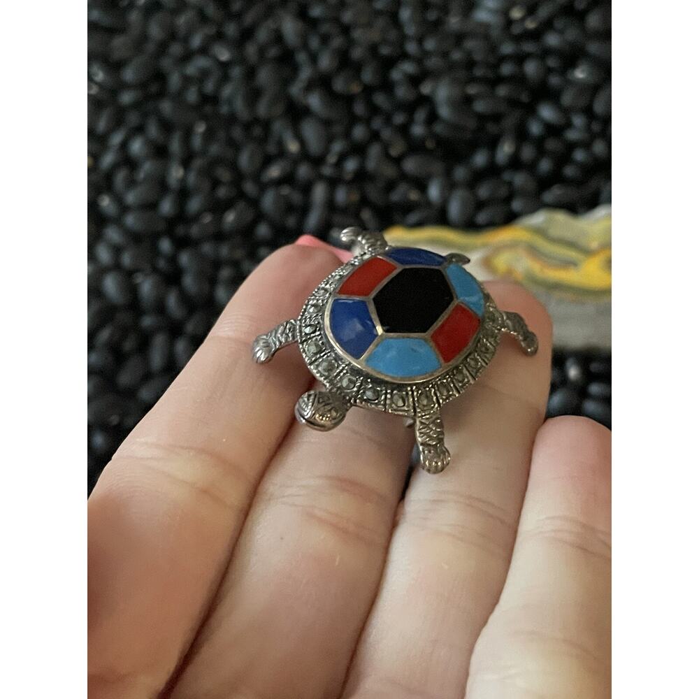 Sterling Silver Marcasite Enamel Turtle Tortuga Tortoise Brooch Pin 🐢Red Blue - Picture 8 of 10